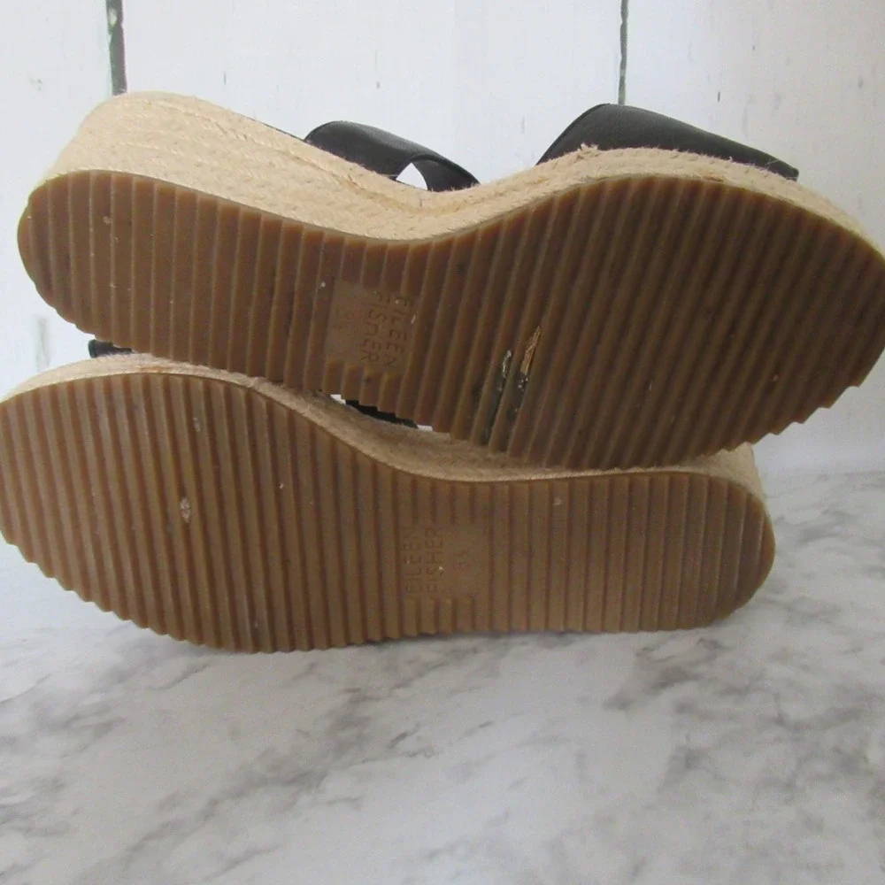 Eileen Fisher Sandals 8.5 Black Leather‎ Wedge Espadrille Adjustable Ankle Strap